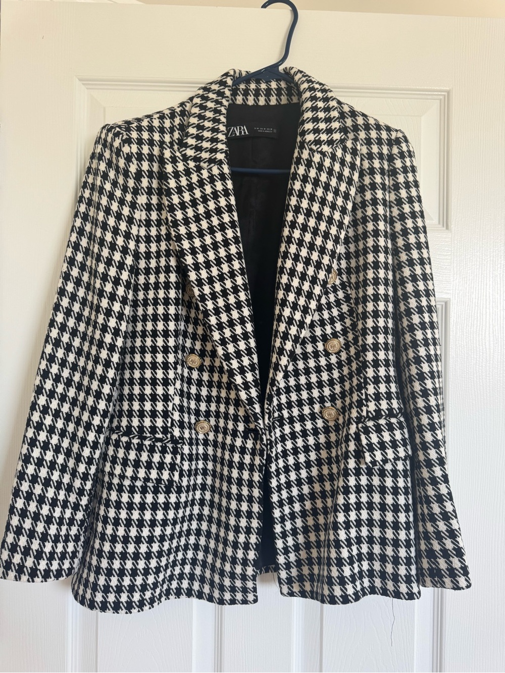 Zara Black & White Houndstooth Double-Breasted Jacket with Gold Buttons